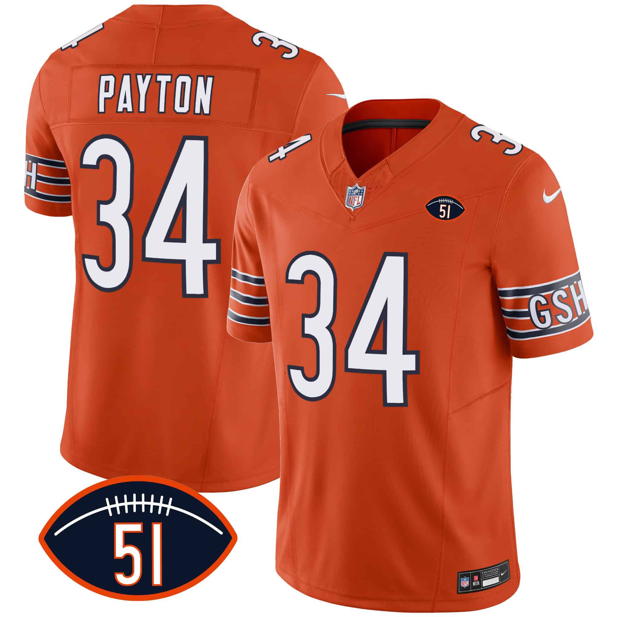 Men Chicago Bears #34 Payton Orange 2024 Nike Patch GSH Vapor NFL Jersey